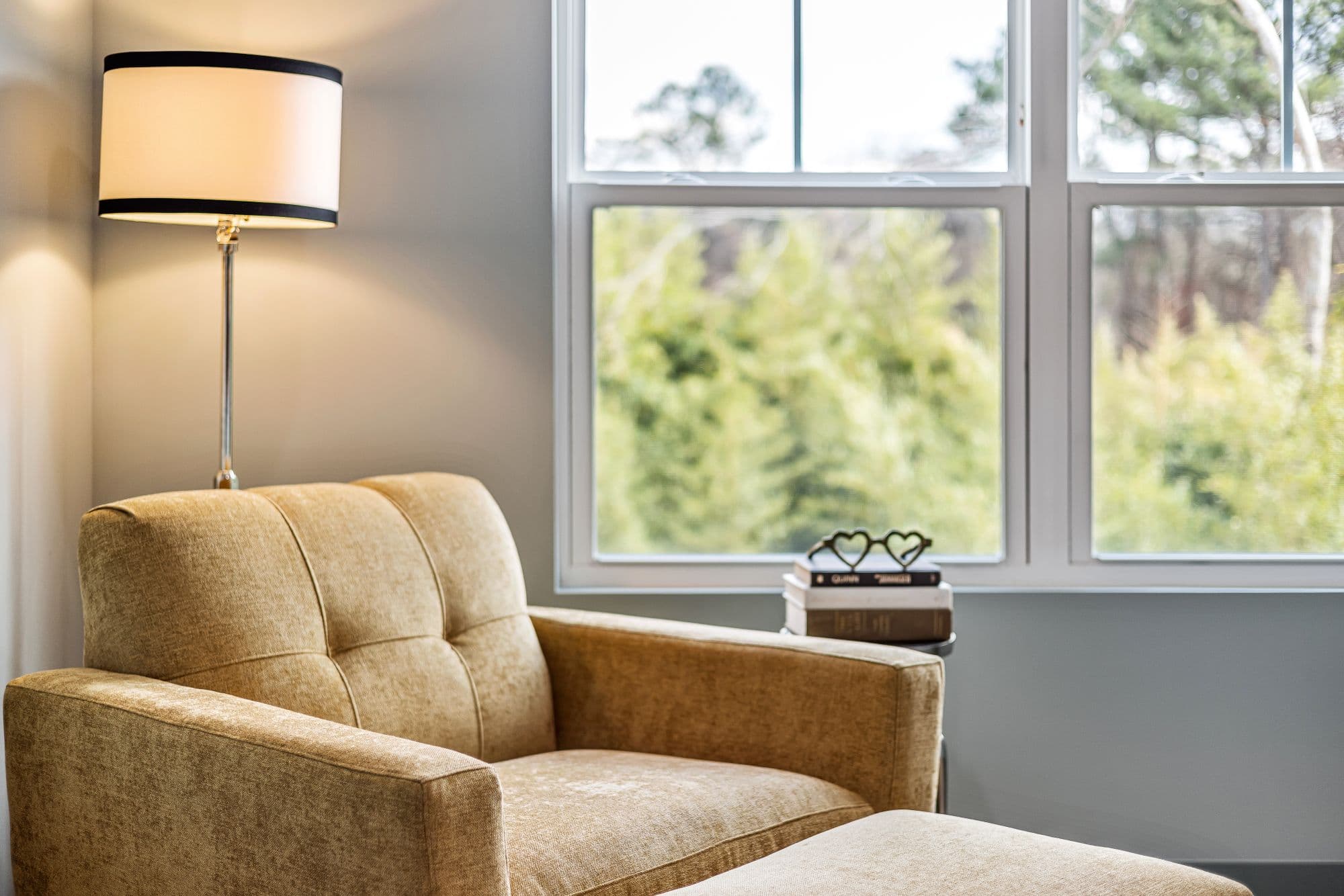 An armchair and a reading lamp beside a bright window